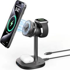 QUARC Qi2認証 冷却ファン搭載 magsafe充電器 マグネット式 3-in-1 ワイヤレス充電器 15W急速充電 スマホ 冷却 マグセーフ充電器 ワイヤ