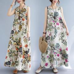 ワンピース マキシワンピース ロングワンピース 綿麻風 花柄 夏新作 薄手 レディース ノースリーブ ポケット付き ゆったり 涼しい 婦人
