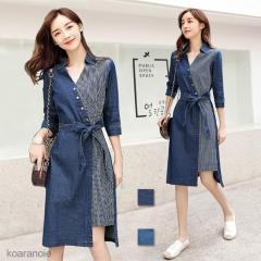 デニムワンピ レディース ワンピース 七分丈袖 膝丈ワンピース Vネック