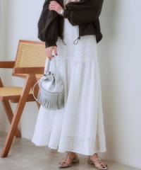ロングスカート レディース パンチング レース ギャザー マキシ スカート  マキシスカート 長め ロンスカ S/M/L/LL ニッセン nissen