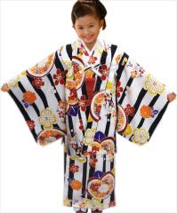 キッズ ジュニア 着物 洗える 5点セット お仕立て上がり 白色地黒ライン桜橘古典花 5〜6歳 7〜8歳 9〜10歳 女の子 子
