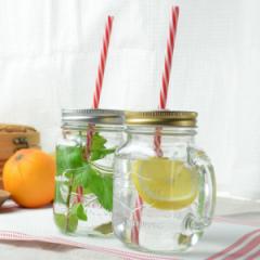 ドリンクジャー ガラスジャー 380ml ストロー付き 取っ手付き ガラス製 同色6個セット （ グラス コップ ガラス食器 キッチン雑貨 タンブ
