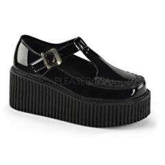 Demonia CREEPER-214 3inch PF T-Strap Creeper w/Side Cutout & Buckle Detail