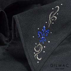 サテンシャツ 無地 日本製 スキッパー イタリアンカラー メンズ 百合の紋章 花 ラインストーン ドレスシャツ(ブラック黒) 36743