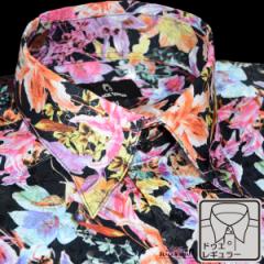 サテンシャツ ドレスシャツ 長袖 レギュラーカラー 花柄 ドゥエボットーニ メンズ 日本製(ブラック黒ピンク桃) 171710