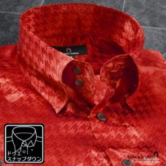 サテンシャツ ドレスシャツ ドゥエボットーニ ムラ柄 スナップダウン 日本製 千鳥格子 ジャガード パーティー メンズ(レッド赤) 191252