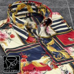 サテンシャツ ドゥエボットーニ スカーフ柄 花柄 スナップダウン ジャガード 日本製 ドレスシャツ(ネイビー紺レッド赤ベージュ) 201350