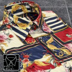 サテンシャツ ドゥエボットーニ スカーフ柄 花柄 レギュラーカラー ジャガード 日本製 ドレスシャツ(ネイビー紺レッド赤ベージュ) 201350
