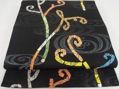 平和屋本店○最高級 龍村平蔵製 六通柄 本袋帯 さわらび 黒地 金銀糸