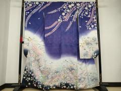 平和屋着物○白河貞雄 振袖 辻が花 絞り 舞花文 暈し染め 銀通し地