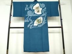 平和屋本店○超希少 男性 工房 真南風 花織 紬 たとう紙付き 藍海松