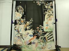 平和屋本店＊極上　夏物　アンティーク　大正ロマン　振袖　絽袷　枝垂れ柳風景花文　黒地　暈し染め　逸品　DZAB1937kh6 平和屋本店＊極上 夏物 アンティーク 大正ロマン 振袖 絽袷 枝垂れ柳