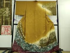 平和屋着物○塩瀬 九寸名古屋帯 紬地 総刺繍 たけのこ 黄蘆染色 正絹