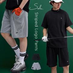 ストライプ柄 ハーフパンツ メンズ ゴルフ 刺繍ロゴ 送料無料・6月28日10時〜発売。(500)メール便可 夏新作
