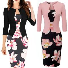 レディース 秋冬 ワンピース 長袖 七分袖 きれいめ フォーマル オフィス 大人 aライン 膝丈 花柄 ウエスト絞り キャバ クラシカル 結婚式