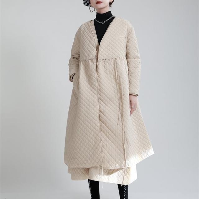 中綿コート レディース アウター ダウンコート ノーカラー キルティング 薄手 韓国風 幾何学模様 中綿ダウンコート ロング丈 軽い 軽量 冬服 厚手 アウター 暖かい 大きいサイズ スリム