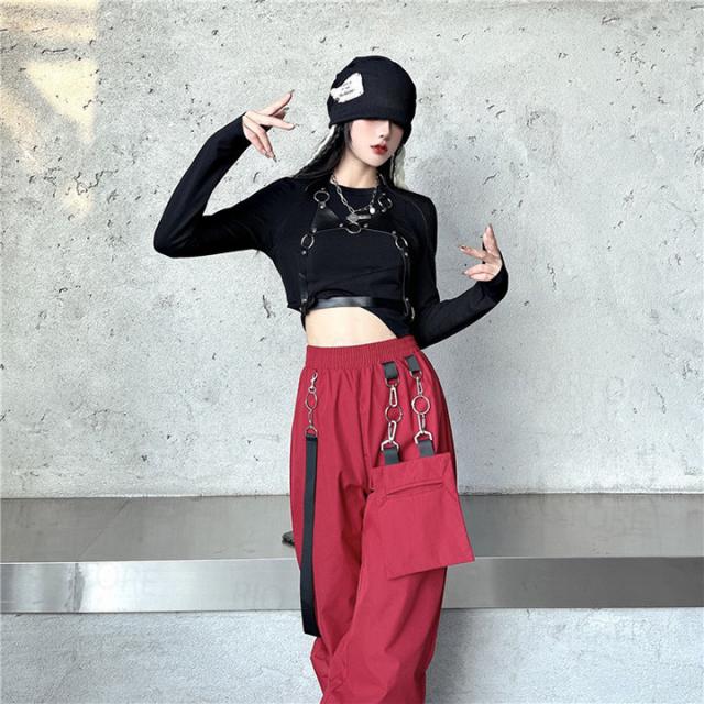 韓国 ヒップホップ ダンス衣装 レディース 赤 黒 上下 セットアップ