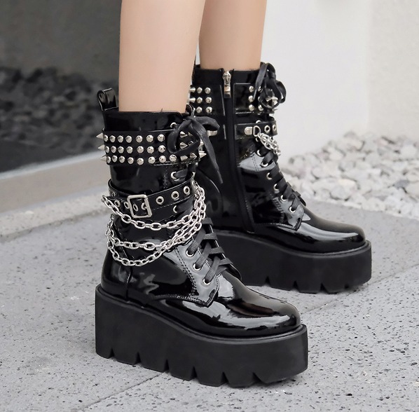 ブーツ 厚底 ウエッジ 切り替え スタッズ リベット付 sweet系 原宿系ファッション 韓国風 ダンス衣装 POP カワ 個性 奇抜 かわいい 青文字系 美足 脚長 シューズ 靴 レディース 女の通販は