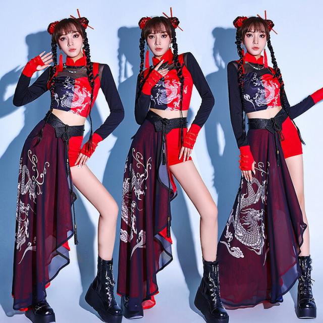 チャイナ風 赤 黒 ダンス衣装 セットアップ レディース 龍柄 中華風