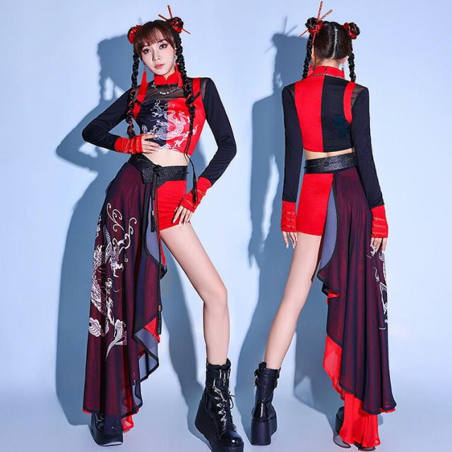 チャイナ風 赤 黒 ダンス衣装 セットアップ レディース 龍柄 中華風