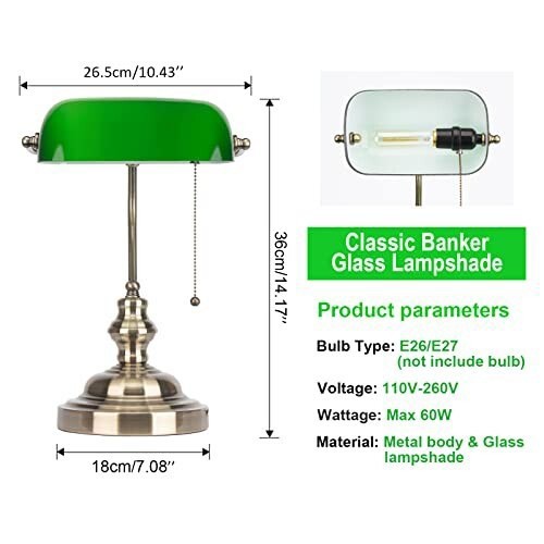 JEUNEU Green Glass Bankersデスクランプ、プルチェーンスイッチ付き