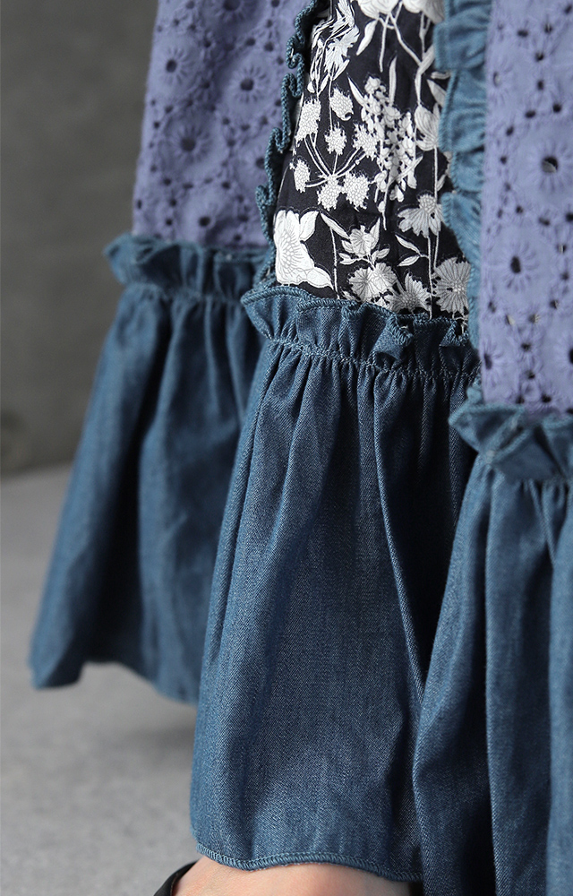 スカート ロングスカート 花柄 フリルスカート 体型カバー デニム