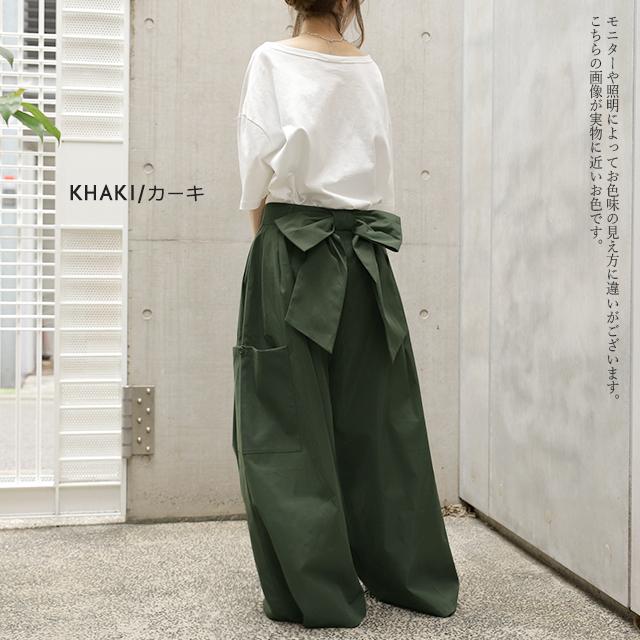 ワイドパンツ レディース ワイド タックパンツ リボン バック