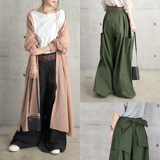 送料無料 バックリボン ワイドパンツ セットアップ 2296 ワイドパンツ レディース ワイド タックパンツ リボン バック