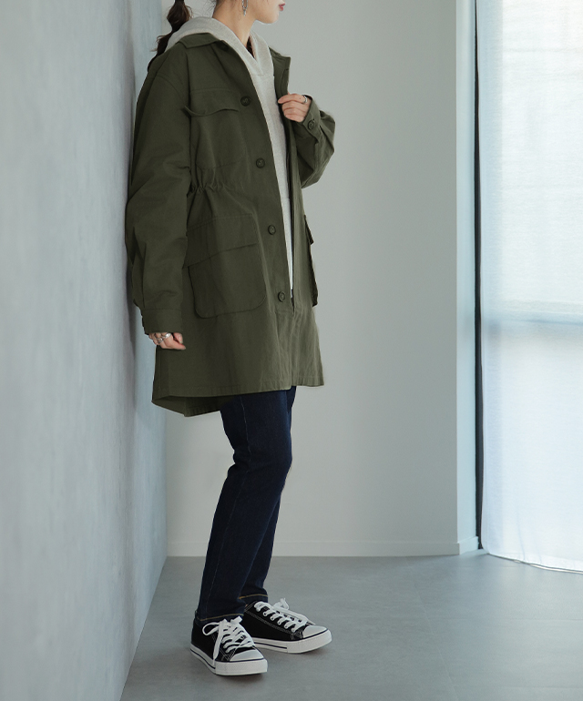 【極美品】レキサミ　コットンフード脱着式2WAY薄手ミリタリージャケット レキサミ ミリタリージャケット 極美品】レキサミ コットン