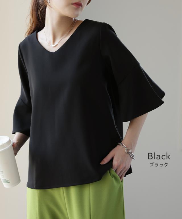 シャツブラウス 半袖 黒 Vネック 5分袖 プルオーバー トップス 光沢 フォーマル シャツ ブラウス ブラック tシャツ Tシャツ エレガント 通勤 30代 40代 シャツ ブラウス レディース トップス プルオーバー 半袖 フレア