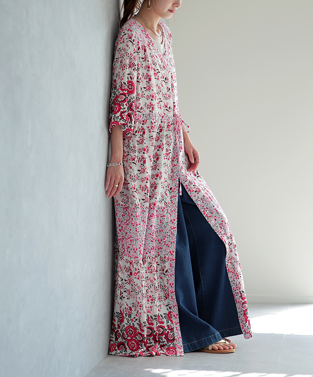 ロングワンピース 2way カーディガン 花柄 シャツワンピース