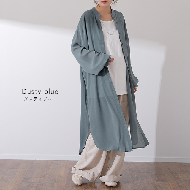 HYKE シアーシフォン ロングワンピース シアーシャツ ロングシャツ バンドカラー ロング ワンピース 一