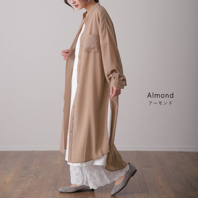 シアーシャツ ロングシャツ バンドカラー ロング ワンピース 一