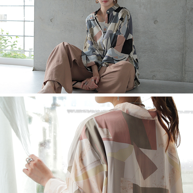 【美品】ROCHAS シアーシャツ シースルー チュニック ロシャス レリアン とろみユル。 アート柄 × シアーシャツ レディース スリット