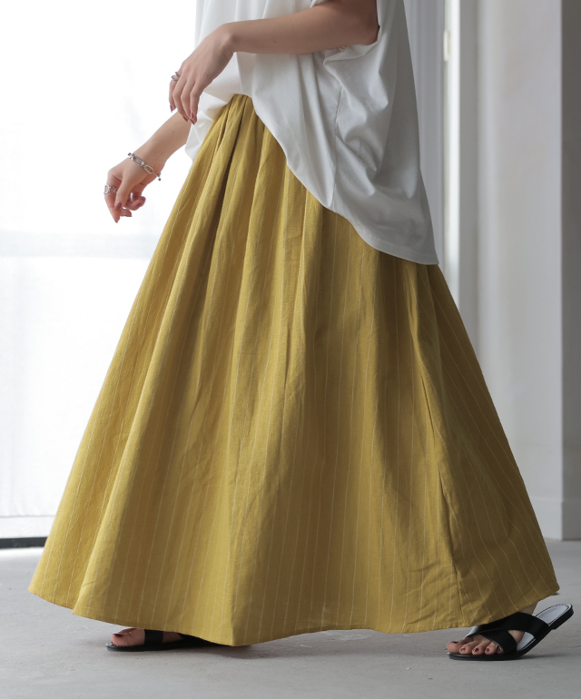 天然 スカート「麻95％ ストライプ 」 綿 Aライン ロング