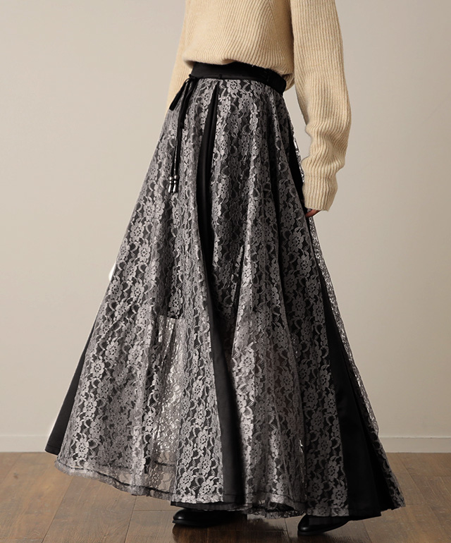 スカート ロングスカート フレアスカート レース チェック柄 配色 配色