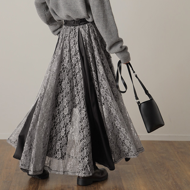 スカート ロングスカート フレアスカート レース チェック柄 配色 配色