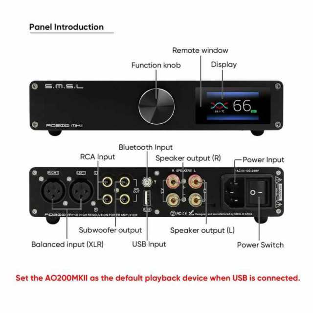 SMSL AO200MKII デジタルパワーアンプ MA5332MSアンプチップ 160W x 160W Bluetooth 5.0/USB/RCA/XLR入力 2.1 チャンネル サブウーファー