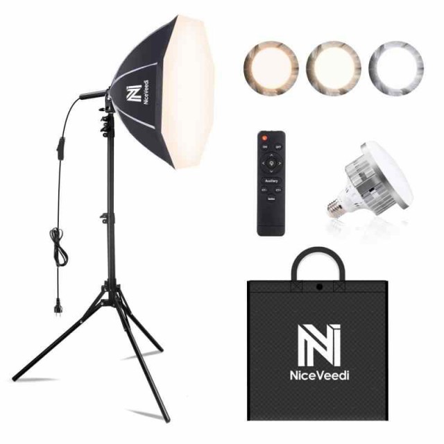 NiceVeedi 50cm八角形ソフトボックス 85W LED電球撮影用ライト 遠隔操作 3色ライトモード3000K-6000K 撮影用照明ライト 写真撮影照明用ソフトボックス 160cm調整可能三脚付き お持ち込みやすい 収納バッグ付き ポートレート