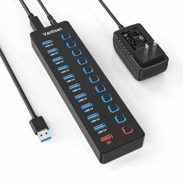 vantisan USBハブ 電源付き USB3.0ハブ 10ポートの 拡張+ 1充電ポート セルフパワー/バスパワー USB Hub 5Gbps高速データ伝送 USB3.0 拡張 独立スイッチ付き 5V/4A ACアダプタ付き Android/Windoの通販は