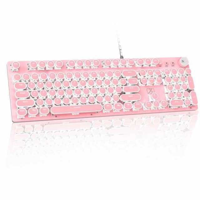 ZIYOU LANG 有線パンクキーボード メカニカルキーボードノブ付き レトロなラウンドキーキャップ タイプライター 青軸 104キー フルキーアンチゴースト 白色LED 25種類のバックライトモード USB有線コンピュータキーボード Windows Xの通販は