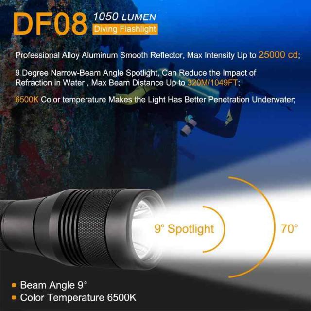 SecurityIng DF08 ダイビングライト 電池式 1050ルーメン 水中ライト ダイビング 水中150メートル IPX8防水 耐衝撃 ダイバーライト 水中トーチ アウトドア ナイトダイビング キャンプ 登山 電池付きダイビングライト (電池別売り_1