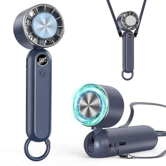 ハンディファン 冷却プレート搭載 携帯扇風機 冷感 手持ち扇風機 3段階風力調節 長時間稼働 ミニファン 熱中症対策 USB充電式 小型 卓上 首掛け ストラップ付き カラビナ付き ネイビー