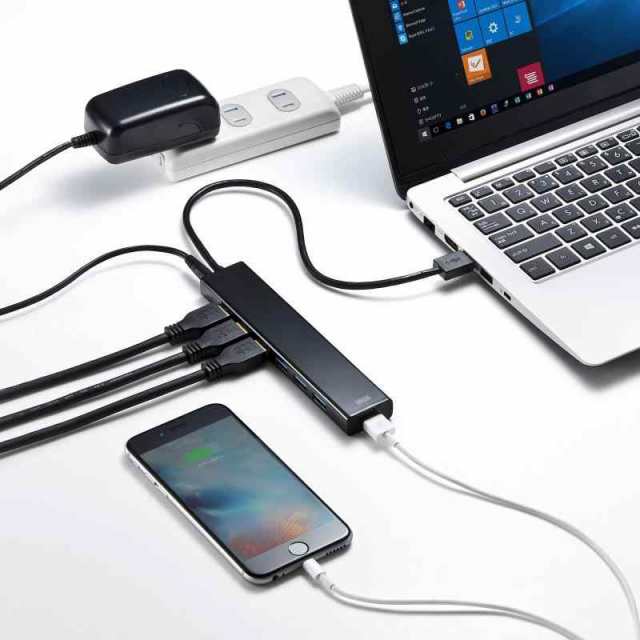 サンワサプライ USBハブ 7ポート 急速充電ポート付き(2.1A出力×1) USB3.2Gen1 ブラック USB-3H703BKNの通販は