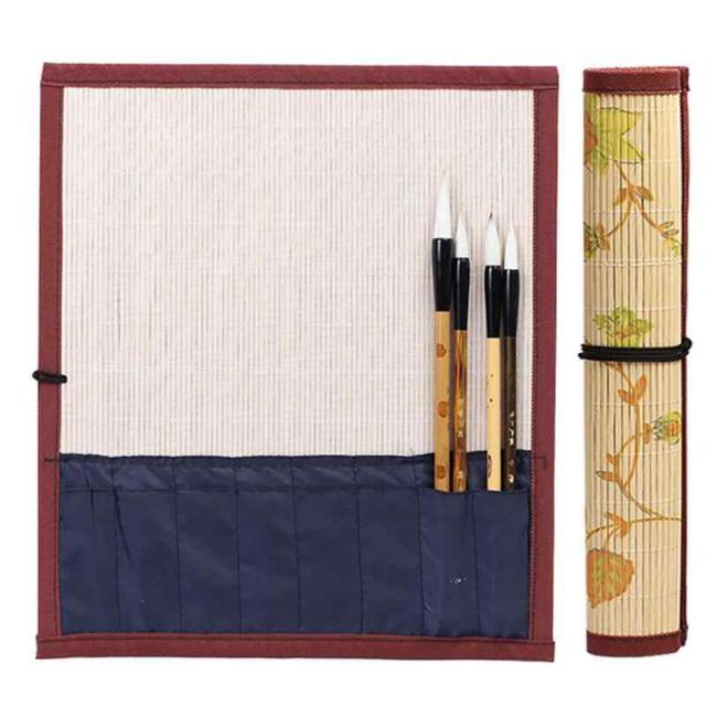 筆巻き 書道 30cm*26cm 花柄 竹製 ポケット付き コンパクト