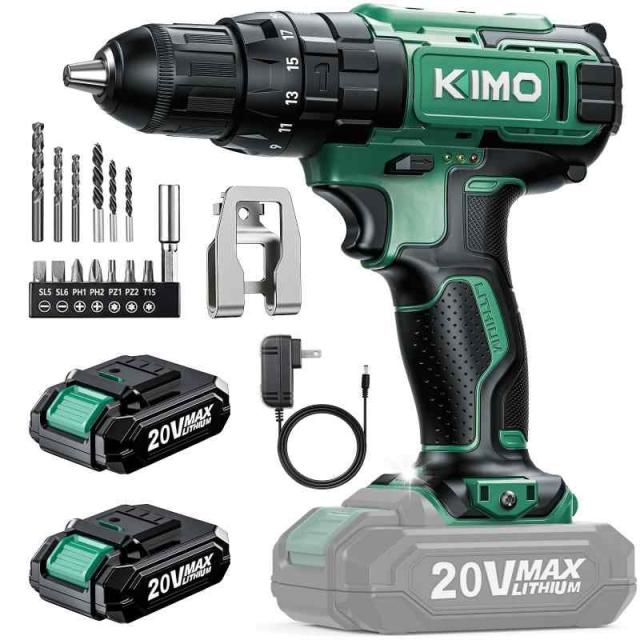 2.0Ahバッテリー2個付きKIMO 電動ドライバー 電動ドリル 20V 最大35N.m 13本ビット 1.24kg軽量 1本延長アダプター 無断変速&二段変速 正逆転切替 LEDライト 18段階トルク調節 充電式ドリルドライバーセット コードレス 軽量