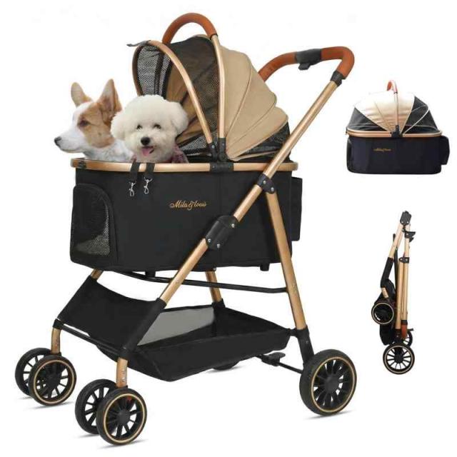 MILA&amp;LOUIS ペットカート 多頭の小型犬 中型犬&amp;猫 ドッグカート 分離型&amp;一体型犬用バギー 人気 ワンタッチ 折りたたみ 犬用カート 前輪360° 後輪ブレーキ付 4輪耐摩耗 犬用ベビーカー 飛び出し防止 通気性 組み立て簡単 外出便利 (カーキ