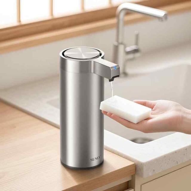 手をかざすだけSUNLY 自動ソープディスペンサー 液体洗剤・食器用洗剤対応 3段階吐出 高感度センサー 静音設計 IPX5防水 270ml USB充電式 ステンレス製 キッチン・洗面所に最適 Clearis-L (ステンレス鋼)