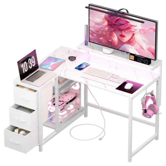 LunarLight PCパソコンデスク 幅108奥行80高さ71.8cm テレワーク L型デスク・左右組み換え自由 3段調節モニター台（10〜33.5cm対応） 引き出しとコンセント付き 収納たっぷり ゲーミングデスク オフィスデスク 書斎 収納ラック付
