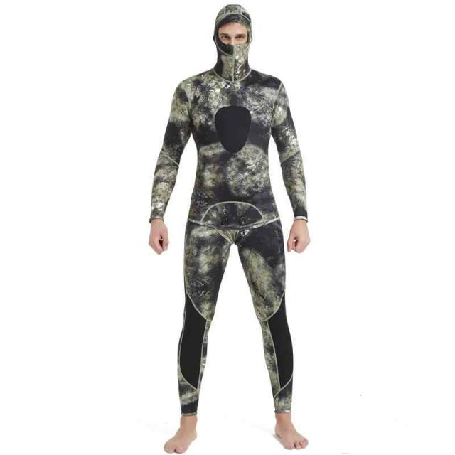 MORGEN SKY ウェットスーツ メンズ 5mm/3mm スピアフィッシング ツーピース 素潜り フード一体式 2ピース 上下セット ロングジョン仕様 カモ柄 表ジャージ*裏ジャージ* 裏起毛 MY012 (5mmグリーン, XL)の通販は